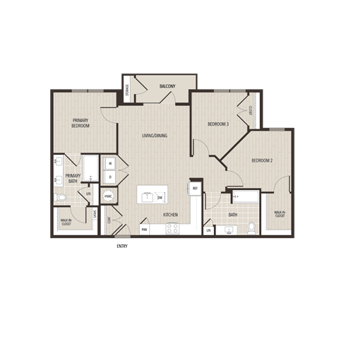 Floor plan for 3 beds, 2 baths, 1213 sqft
